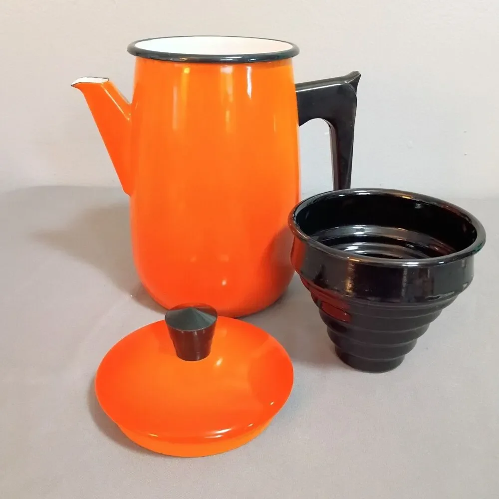Vintage Aubecq Orange Ombre Enamel Mid Century Modern Coffee Pot France Aubeco